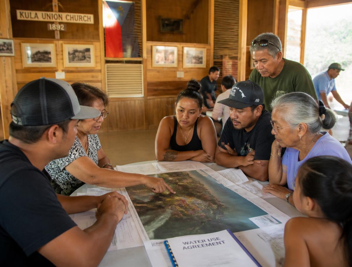 Hawaiian and Filipino community members reviewing water use maps together in a Maui community hall