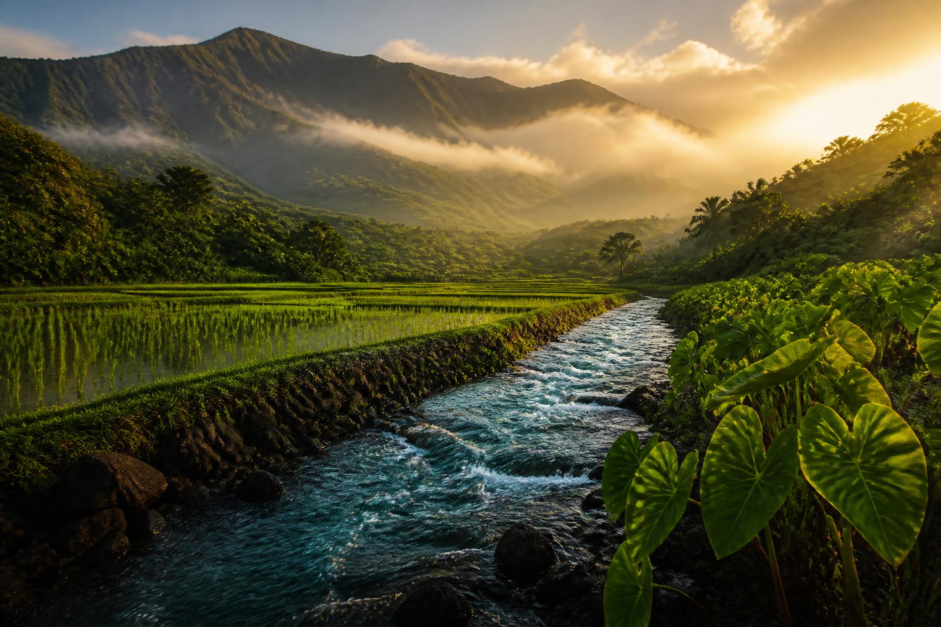 Mountain stream flowing through terraced taro and rice fields on Maui at sunrise
